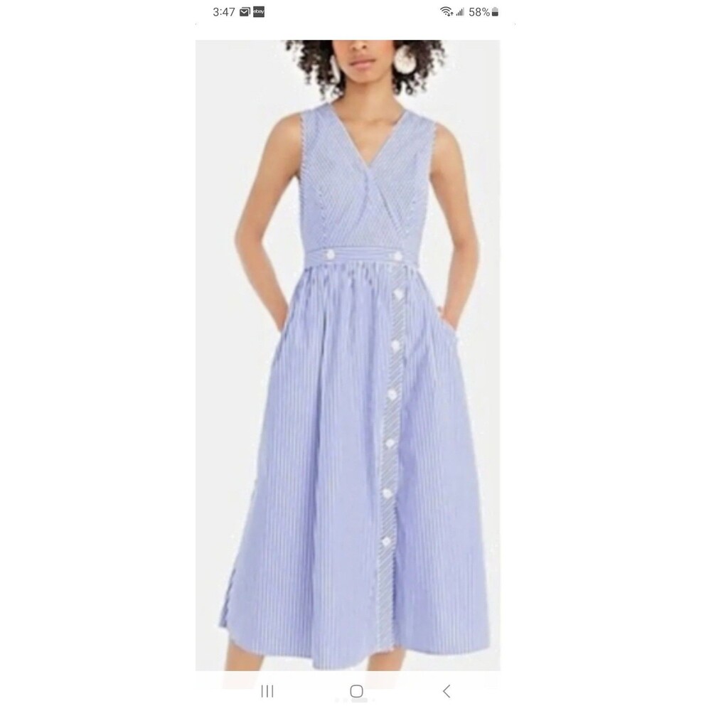 J. Crew Blue and White Striped Sleeveless Midi Dress